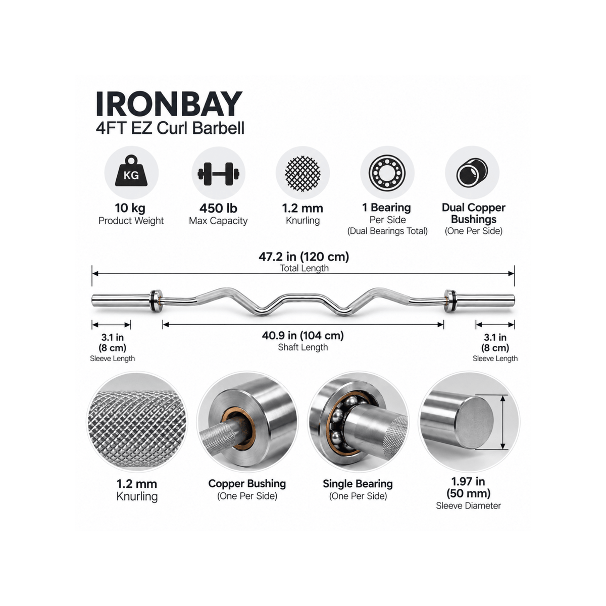 4 ft Olympic EZ Curl Bar | N135 - IRONBAY Fitness