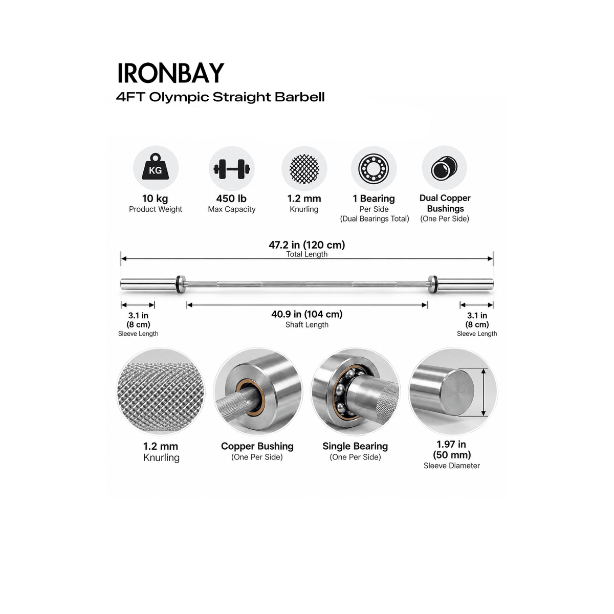 4FT Olympic Straight Bar | NBB04 - IRONBAY Fitness