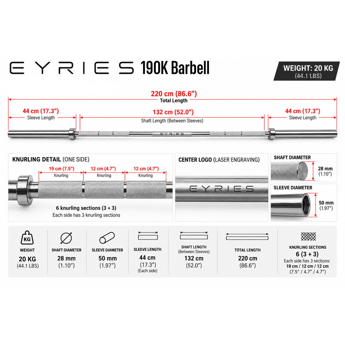 Eyries™ Competition Barbell | 2000 LB Capacity | 190K PSI - IRONBAY Fitness