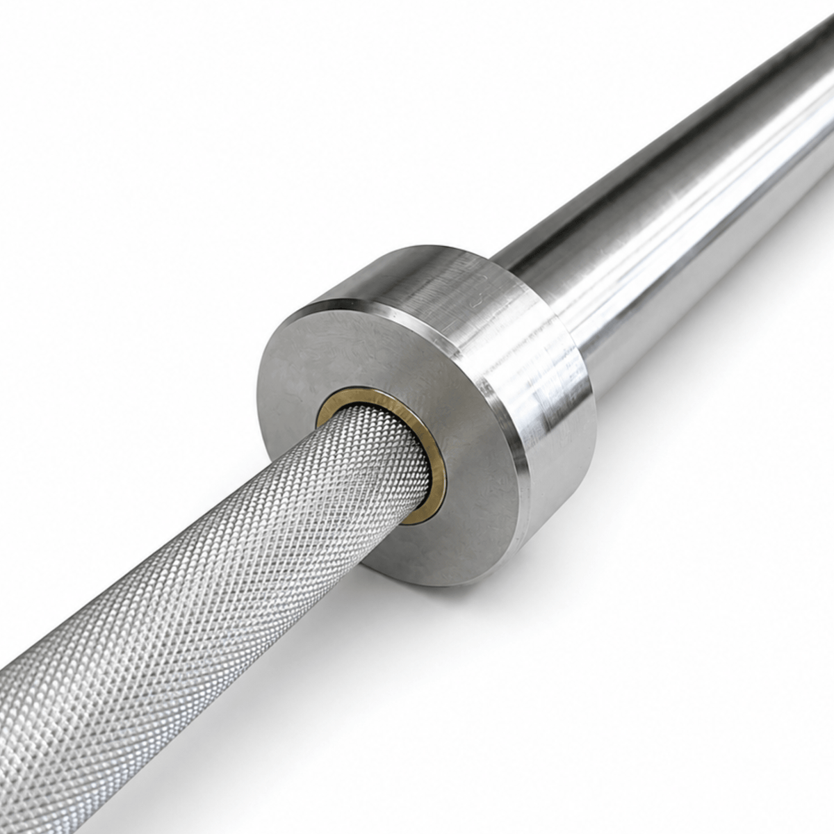 Close-up of EYRIES Competition Barbell bronze bushing and hard chrome sleeve