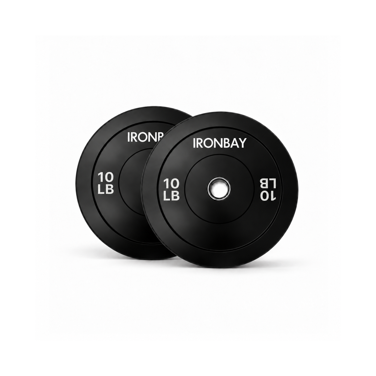 Pair of IRONBAY 10 lb black bumper plates with steel center inserts