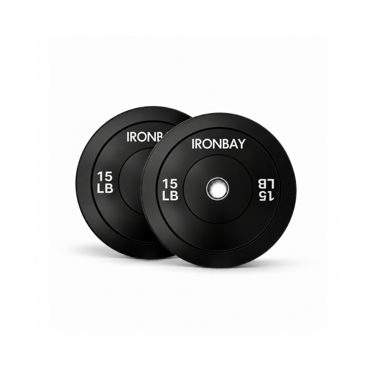 Pair of IRONBAY 15 lb black bumper plates with steel center inserts