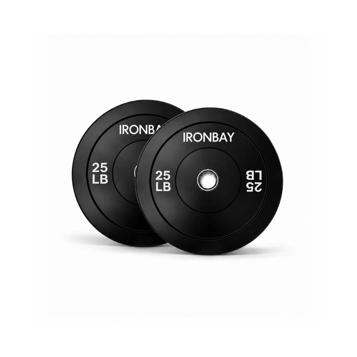 Pair of IRONBAY 25 lb black bumper plates with steel center inserts