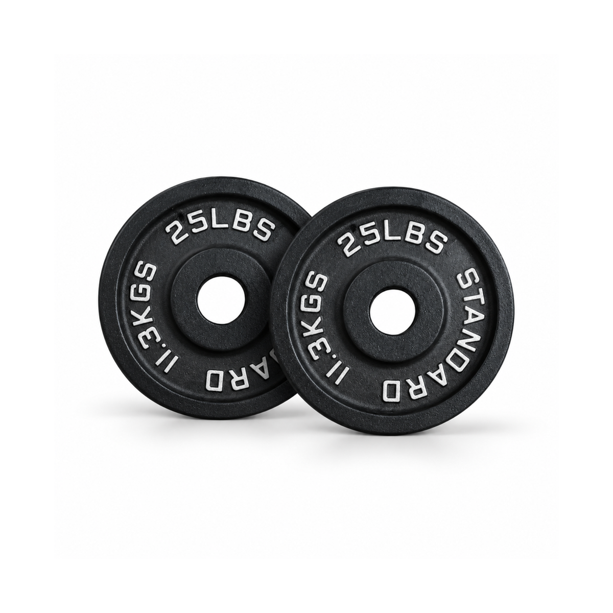 Pair of IRONBAY 25 lb black cast iron Olympic weight plates