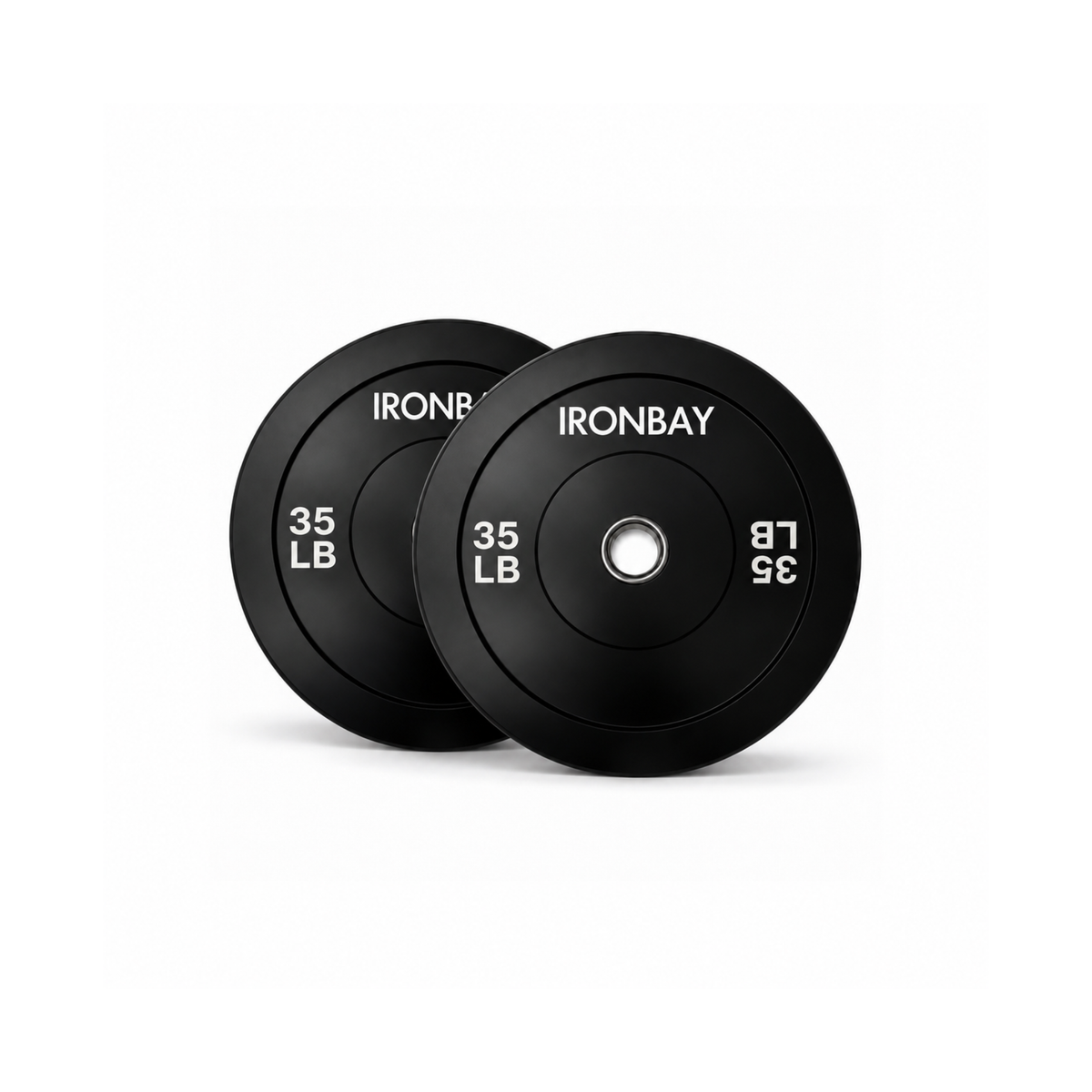 Pair of IRONBAY 35 lb black bumper plates with steel center inserts