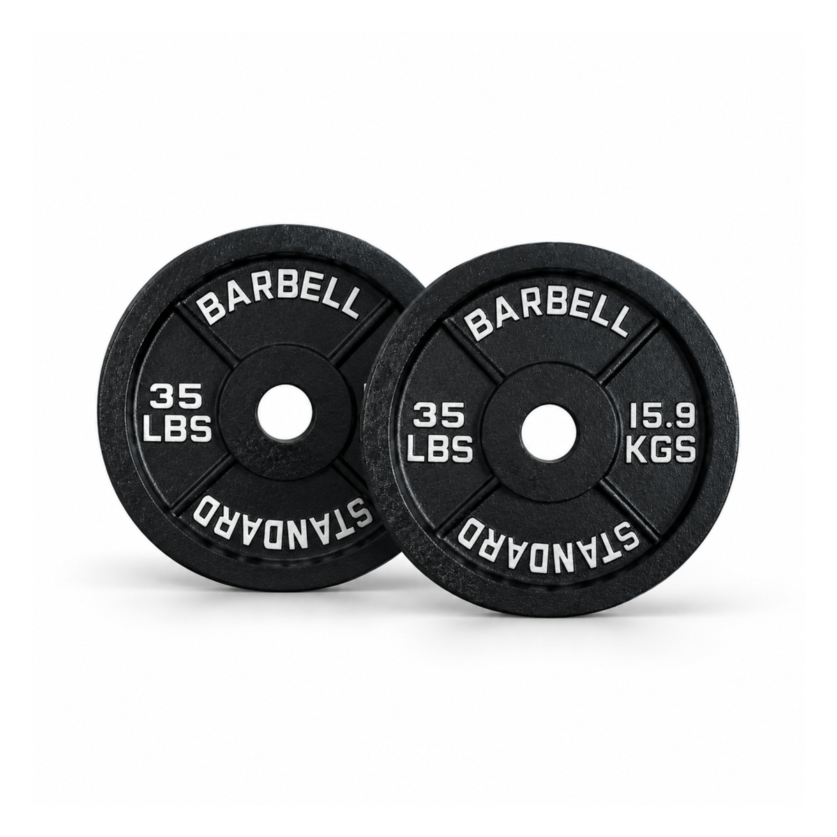 Pair of IRONBAY 35 lb black cast iron Olympic weight plates