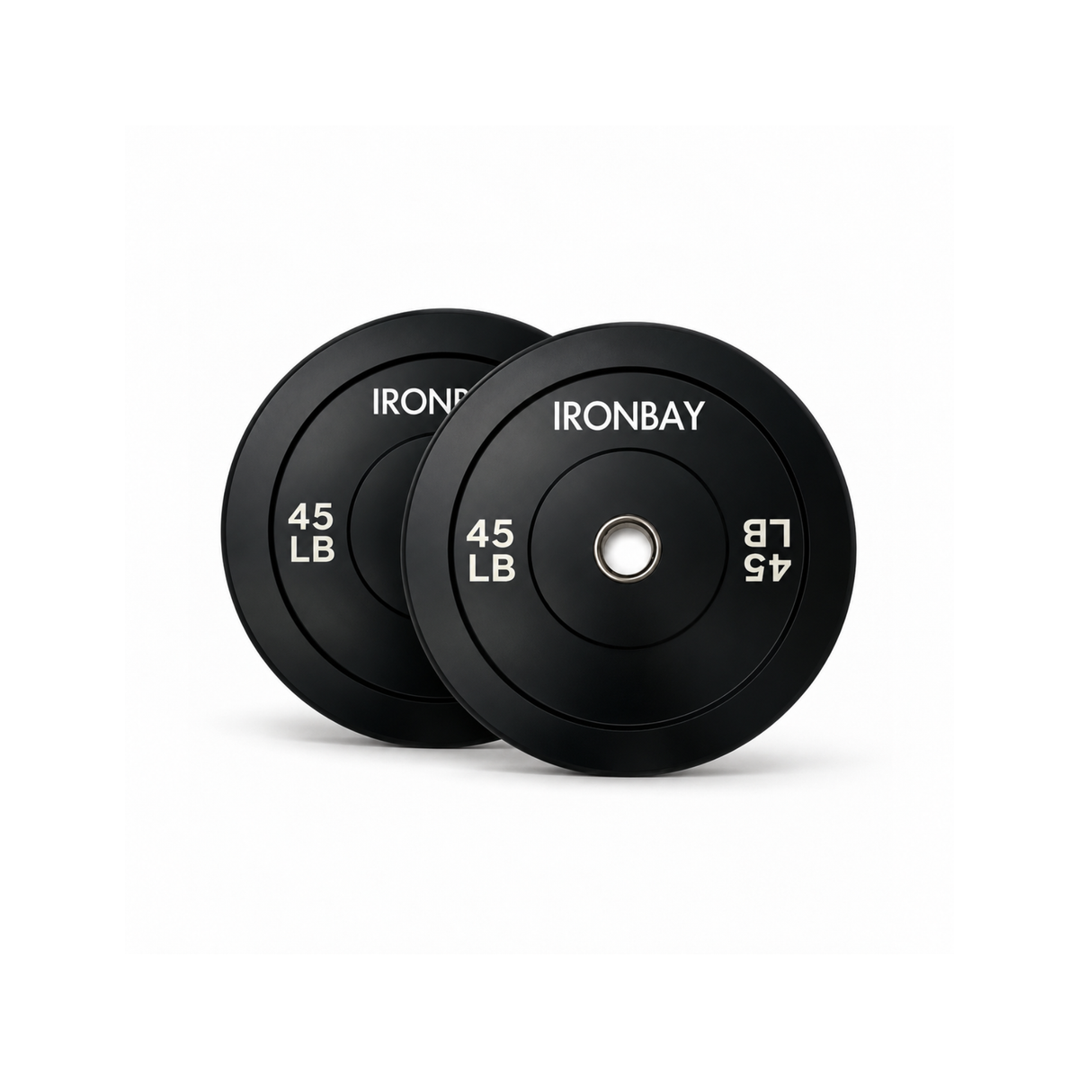 Pair of IRONBAY 45 lb black bumper plates with steel center inserts