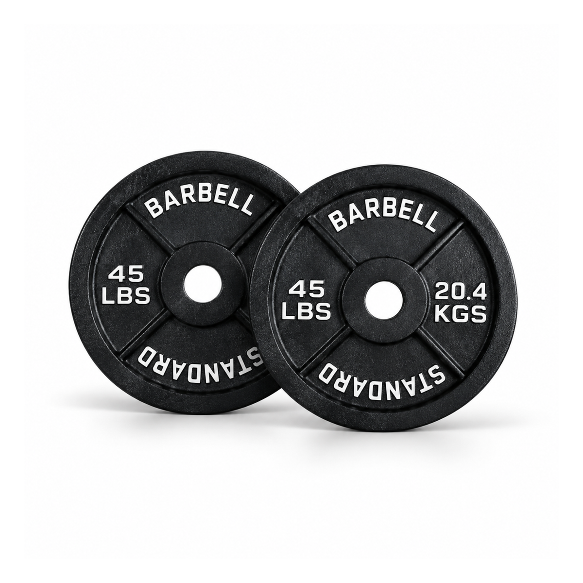Pair of IRONBAY 45 lb black cast iron Olympic weight plates