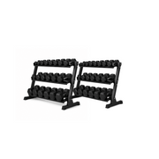 IRONBAY 5–80 lb and 5–100 lb hex dumbbell sets displayed on storage racks; racks not included