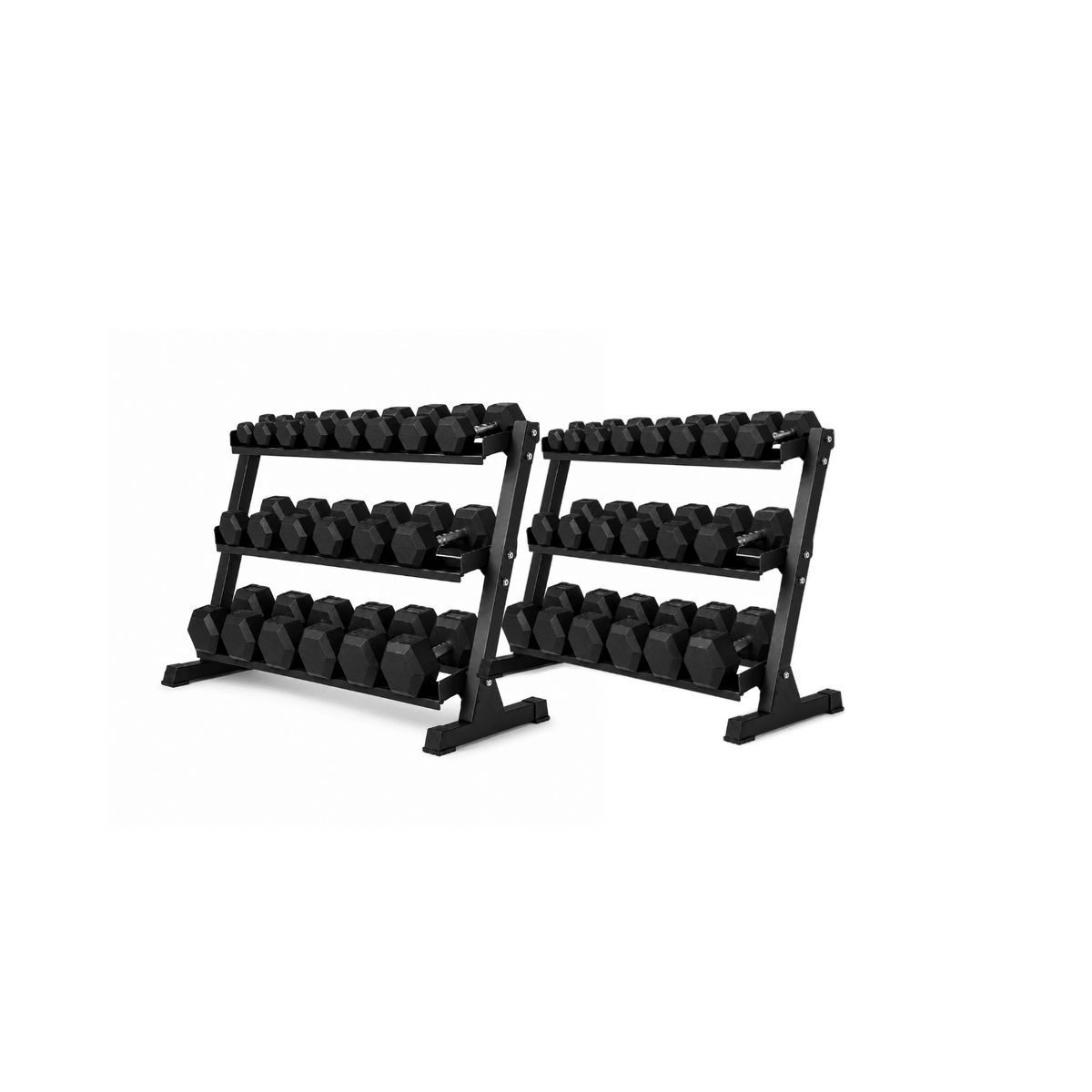 IRONBAY 5–80 lb and 5–100 lb hex dumbbell sets displayed on storage racks; racks not included