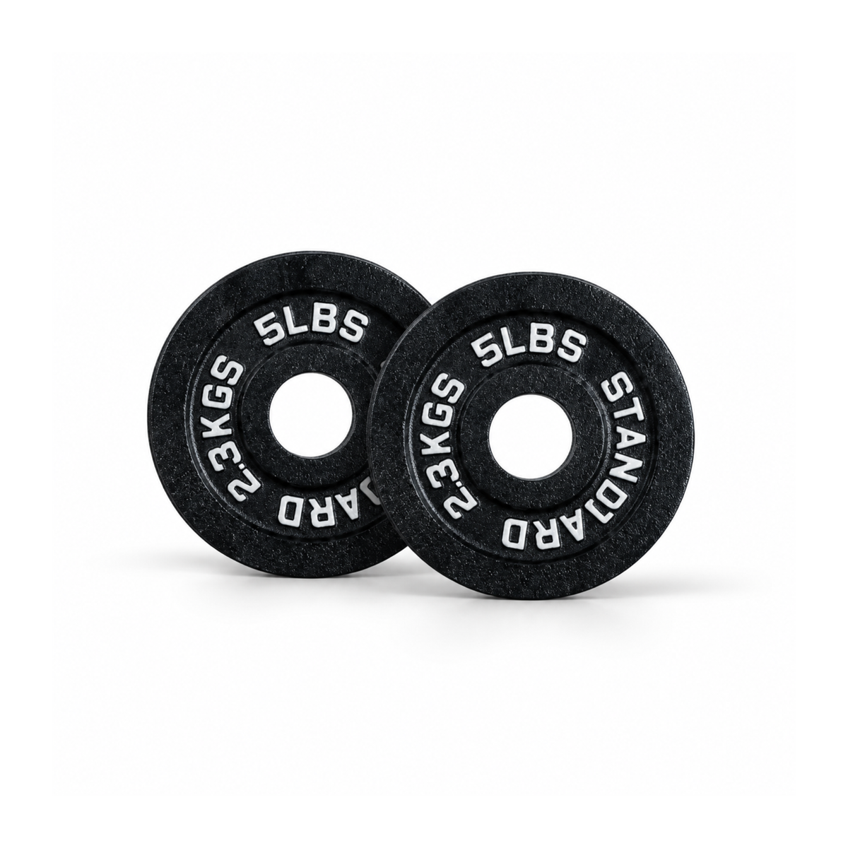 Pair of IRONBAY 5 lb black cast iron Olympic weight plates