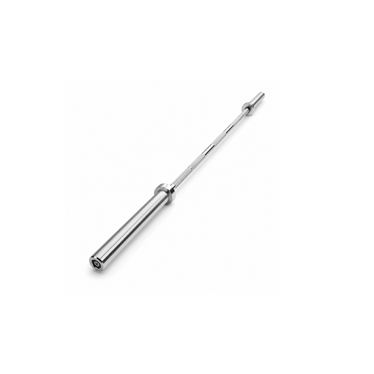 Angled full-length view of IRONBAY 7 ft 15 kg Olympic barbell