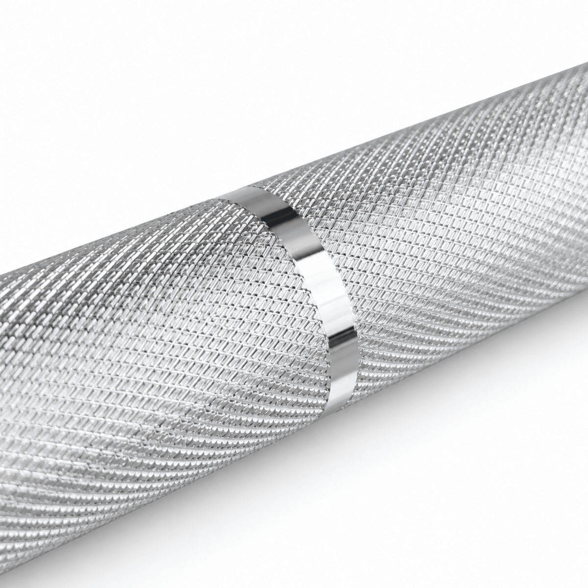 Close-up of medium knurling on the IRONBAY 7 ft Olympic barbell shaft
