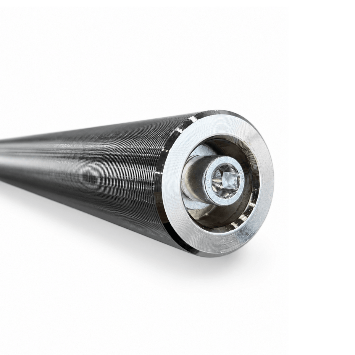 Close-up of the chrome sleeve end on the IRONBAY 7 ft Olympic barbell