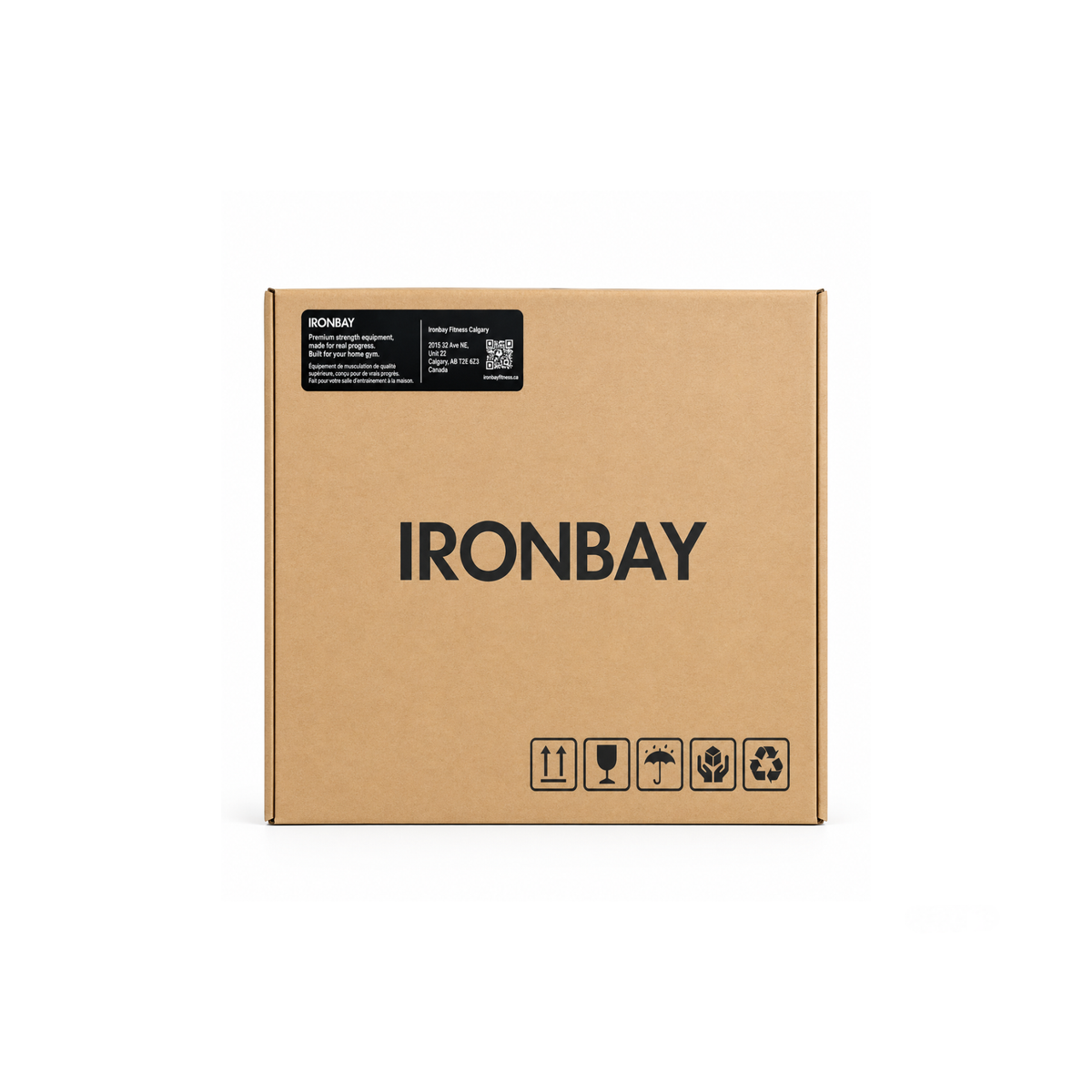 IRONBAY bumper plates packaging box with custom branding and handling labels.