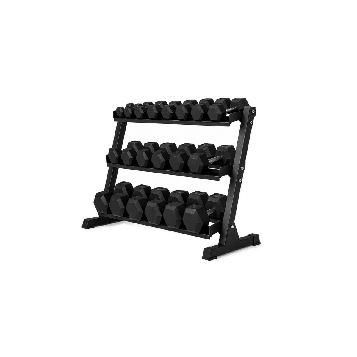 IRONBAY hex dumbbells displayed on a dumbbell rack